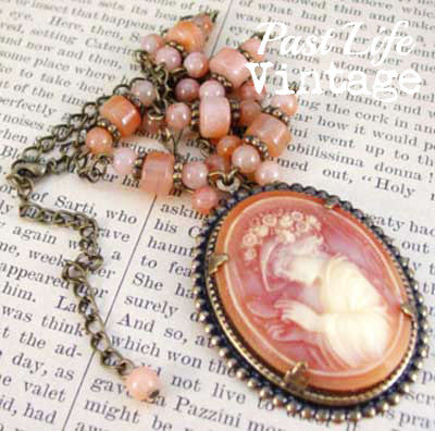 Victorian Style Vintage Cameo Necklace Lady with Flower Bedecked Hat Handmade