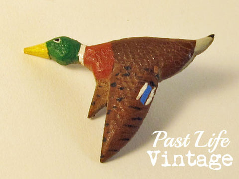 1970's Hand Carved Mallard Duck Lapel Pin Unisex Folk Art Jewelry