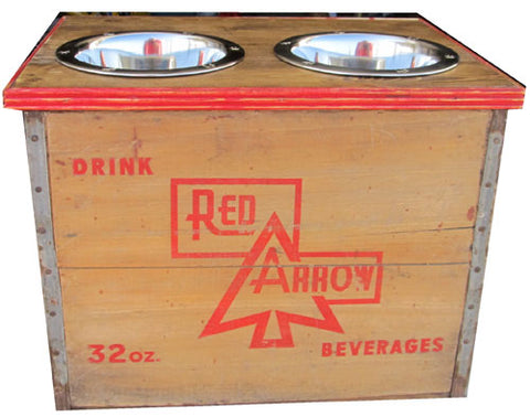 Red Arrow Detroit vintage wood crate recycled into dog feeder. Cool graphics.