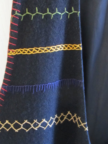 Boho Hipster Embroidered Black Wool Vest XL Kaktus Vintage 80s Unisex