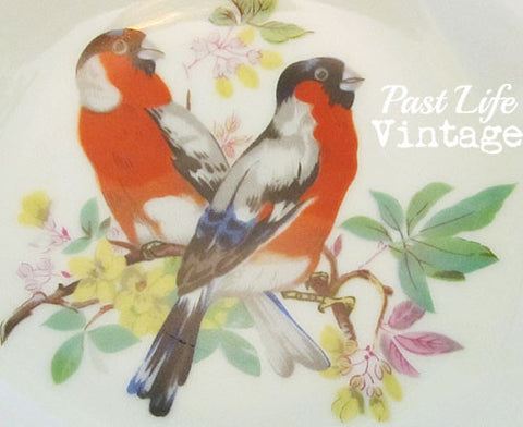 Vintage Red Birds Floral Porcelain Trinket Dish Mid Century