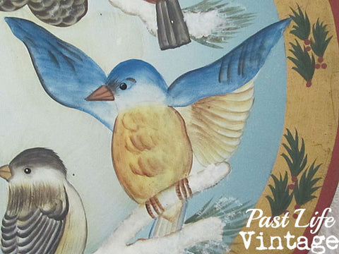Snow Birds Wooden Plate Hand Painted Folk Art Cardinal Jay Chickadee Bluebird Robin