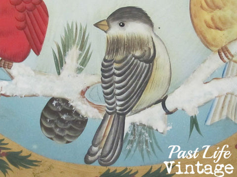 Snow Birds Wooden Plate Hand Painted Folk Art Cardinal Jay Chickadee Bluebird Robin