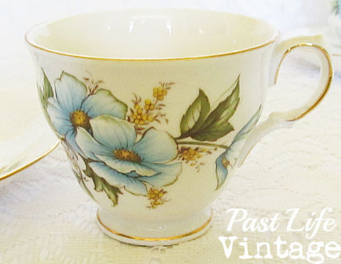 Queen Anne Bone China Cup Saucer Blue Wild Rose #8618 Vintage 1950's England