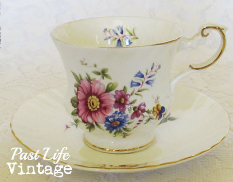 Vintage English Bone China Cup Saucer Wildflowers Queen's Rosina