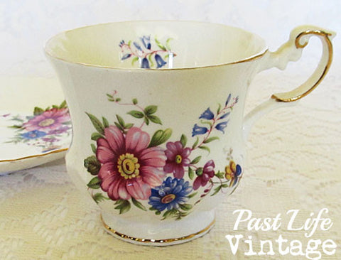 Vintage English Bone China Cup Saucer Wildflowers Queen's Rosina