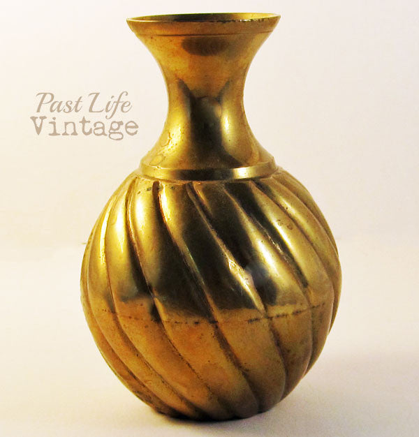 Small Solid Brass Vase Vintage 1960 Stylish Swirl Design