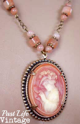 Victorian Style Vintage Cameo Necklace Lady with Flower Bedecked Hat Handmade