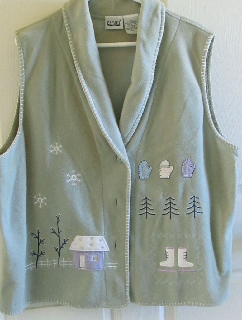 Fleece Vest Vintage 90s Like New Pale Green with Embroidery Women's 2X Free Shipping
