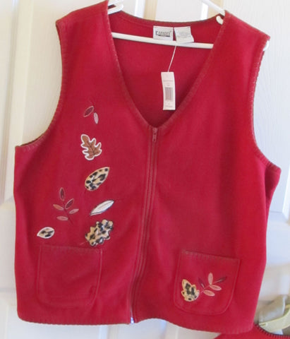 Red Fleece Vest Fall Autumn Embroidery Vintage 90s Women's 2X NWT Free Shipping
