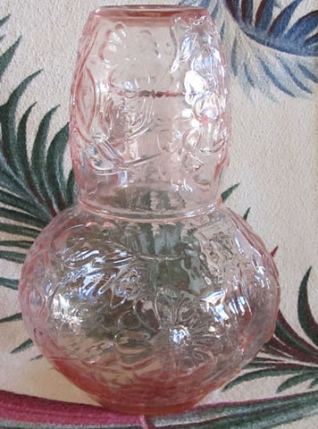 Vintage Pink Depression Glass Bedside Carafe and Tumbler Set Wild Rose Free Shipping