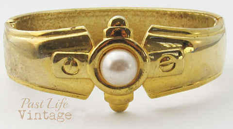 Pearl Clapper Vintage 1980's Bangle Bracelet Gold