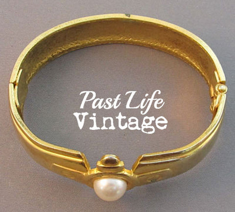 Pearl Clapper Vintage 1980's Bangle Bracelet Gold