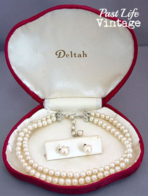 Mid Century Deltah Pearl Necklace Earrings Set Original Velvet Box
