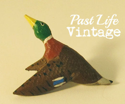 1970's Hand Carved Mallard Duck Lapel Pin Unisex Folk Art Jewelry