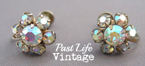 1950's Rhinestone Flower Earrings Mid Century Jewelry