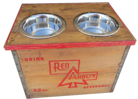 Red Arrow Detroit vintage wood crate recycled into dog feeder. Cool graphics.