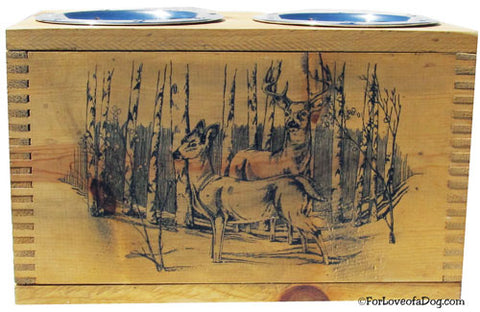 Vintage Evans Ammo Crate Dog Feeder with Deer Scene.