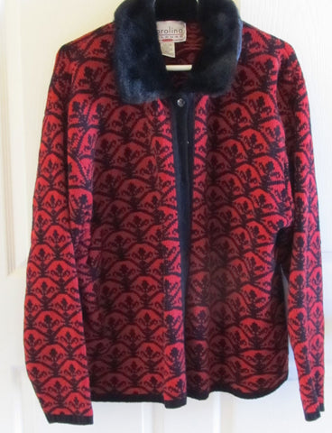 Vintage 1980s Chenille Cardigan Sweater Faux Fur Collar Sz 26/28 Red B ...