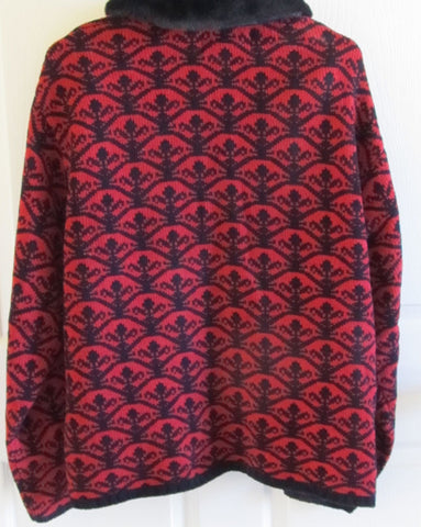 Vintage 1980s Chenille Cardigan Sweater Faux Fur Collar Sz 26/28 Red Black Free Shipping