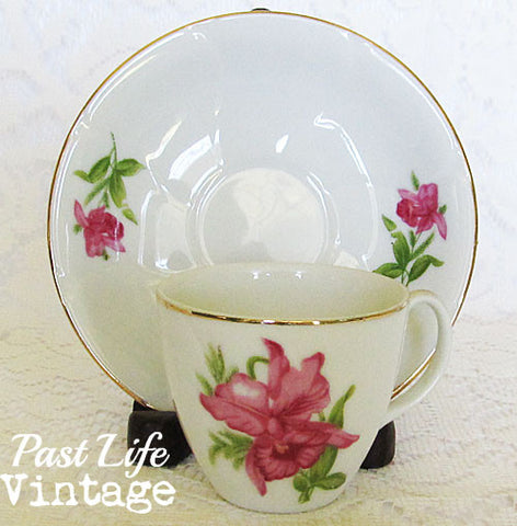Pink Orchid Demitasse Cup Saucer Vintage 1950's Bone China