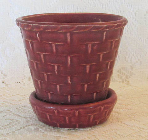 Vintage 40s Basket Weave Pot Planter Dark Raspberry Rose Color Free Shipping