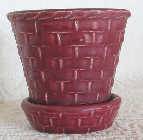 Vintage 40s Basket Weave Pot Planter Dark Raspberry Rose Color Free Shipping