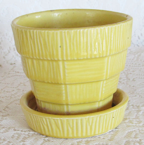 Vintage 40s McCoy Yellow Basket Weave Flower Pot Planter Free Shipping