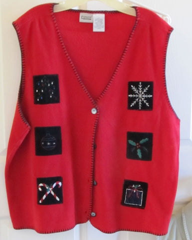 Vintage 90s Fleece Christmas Vest Women's Plus 2X Red Embroidered Free Shipping