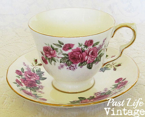 Queen Anne Bone China Cup Saucer Pink Roses Lilacs #8544 Vintage 1950's England Free Shipping