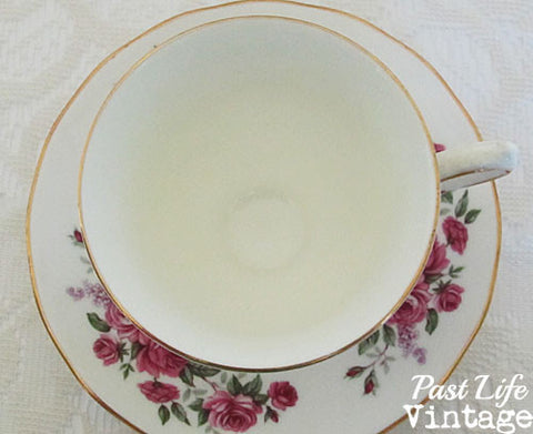 Queen Anne Bone China Cup Saucer Pink Roses Lilacs #8544 Vintage 1950's England Free Shipping