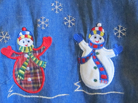 Denim Shirt Applique Embroidery Snowman Sz 22 / 24 Plus Vintage 1990s Free Shipping