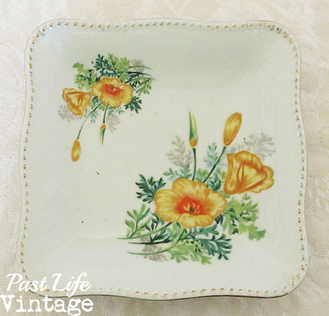 Vintage 1950s Square Bowl White Porcelain Yellow Floral Hand Painted Made in Japan