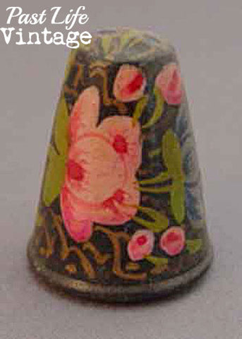 Vintage Wooden Thimble Set of 3 Hand Painted Floral Sewing Collectible