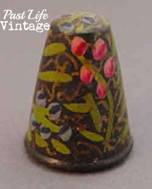 Vintage Wooden Thimble Set of 3 Hand Painted Floral Sewing Collectible