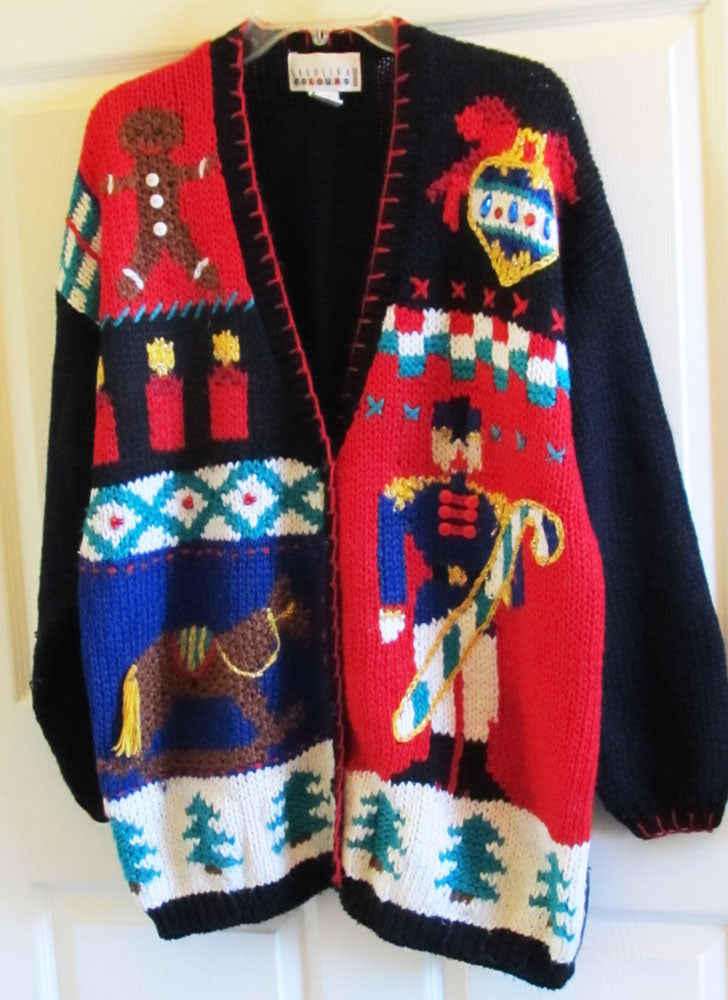 Vintage 80s Christmas Cardigan Sweater Sz 20 Women's Pony Soldier Candles Free Shipping