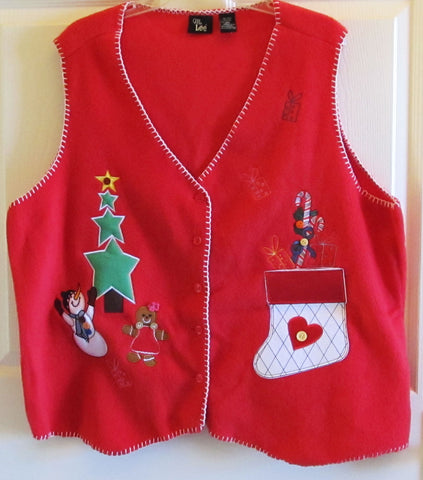 Vintage 90s Red Fleece Christmas Vest Snowman Stocking Sz 2X Like New Free Shipping