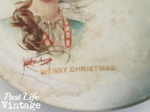 Porcelain Gibson Girl Victorian Lady Christmas Plate Vintage 1890s Harker