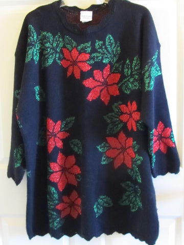 Poinsetta Christmas Sweater Vintage 80s Metallic Thread Sz 22W Free Shipping