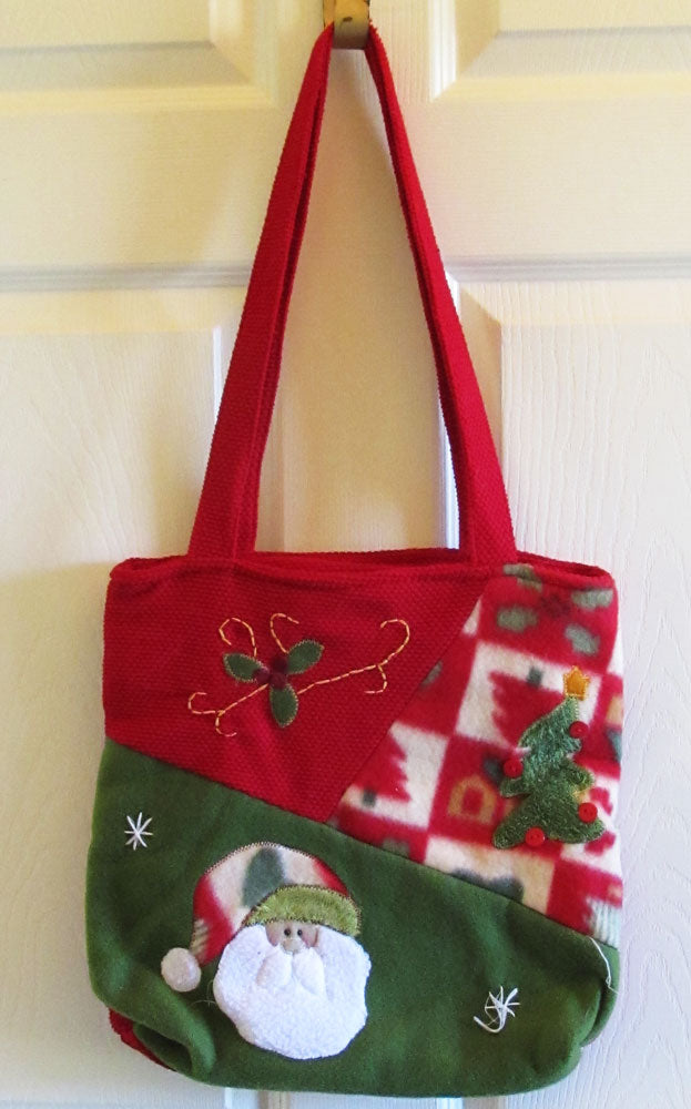 Vintage 90s Textile Folk Art Handbag Tote Christmas Santa Holly